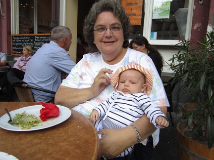 Grandma Rathburn and Greta having lunch in Heidelberg